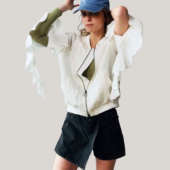 NWT‎ CQ by CQ Ivory Linen Blend Ruffle Bomber Jacket Size L Double Zipper - Picture 7 of 8
